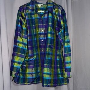 Coldwater Creek Blue and Green Plaid Shirt silk 2X USE